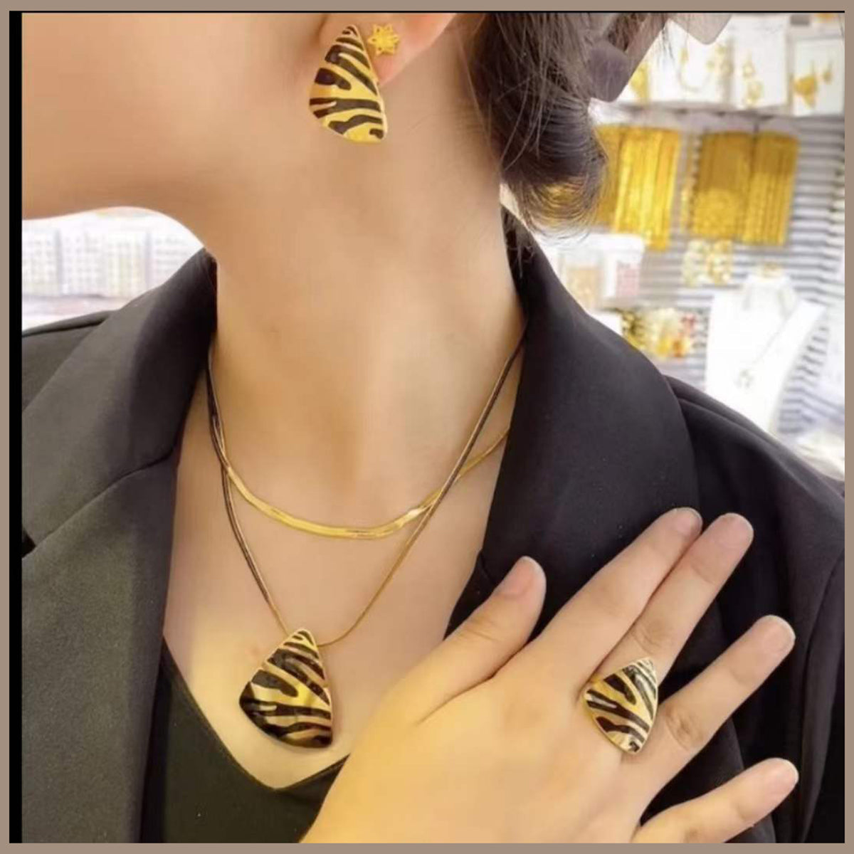 Triangle Black Enamel 18K Gold Anti Tarnish Stainless Steel Snake Chain Necklace Earring Ring Set For Women Main image