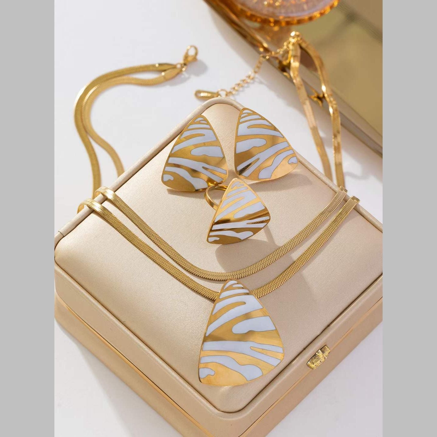 Triangle White Enamel 18K Gold Anti Tarnish Stainless Steel Snake Chain Necklace Earring Ring Set For Women Main image