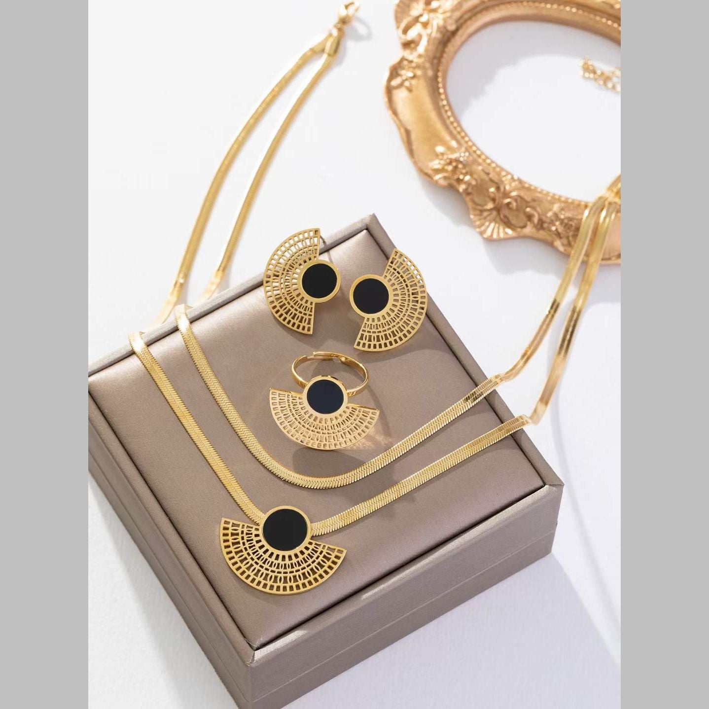 Filigree Black Enamel 18K Gold Anti Tarnish Stainless Steel Snake Chain Necklace Earring Ring Set For Women Main image