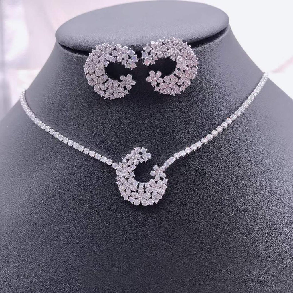 Flower Solitaire CZ Silver Anti Tarnish Necklace Earring Set Bulk