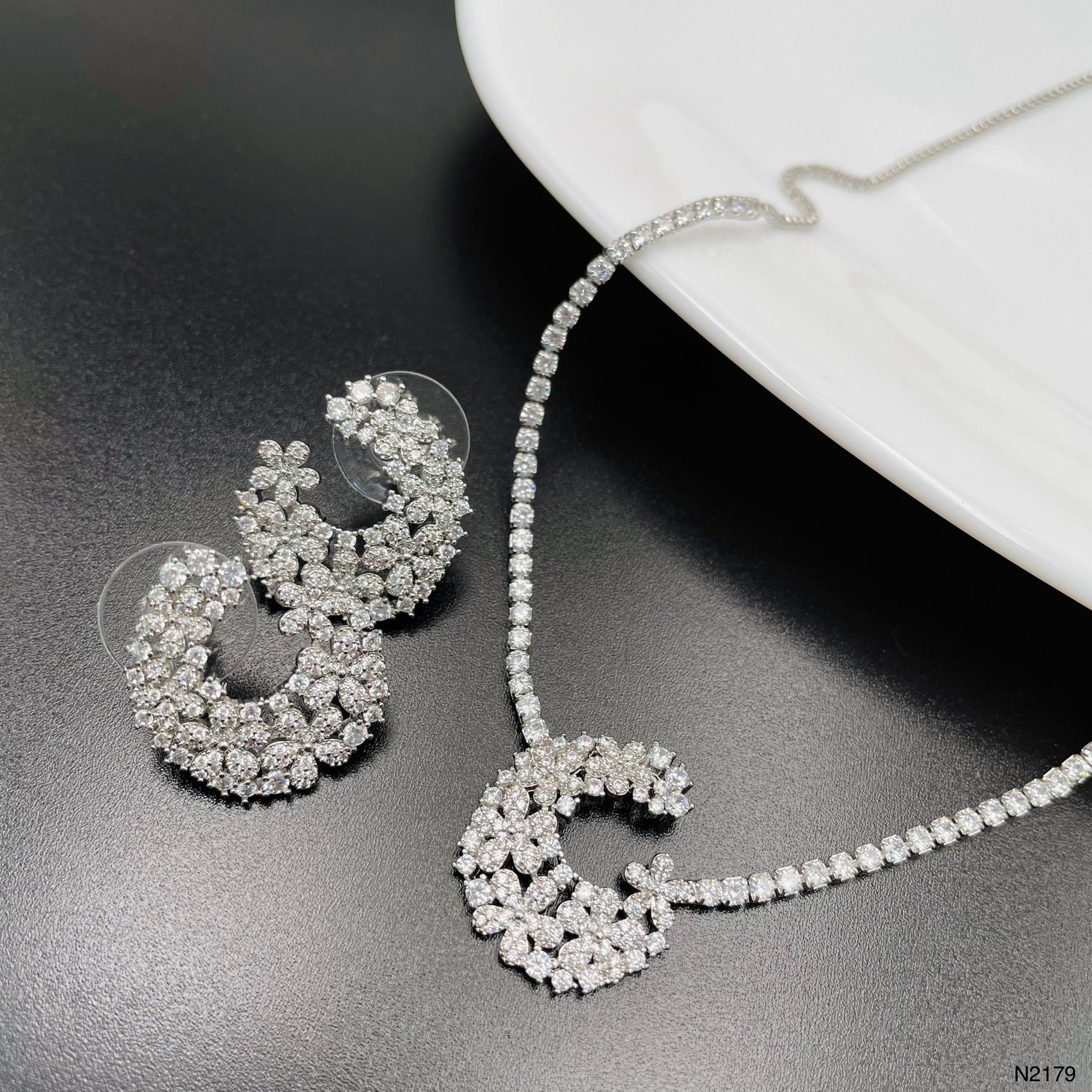 Flower Solitaire CZ Silver Anti Tarnish Necklace Earring Set Bulk
