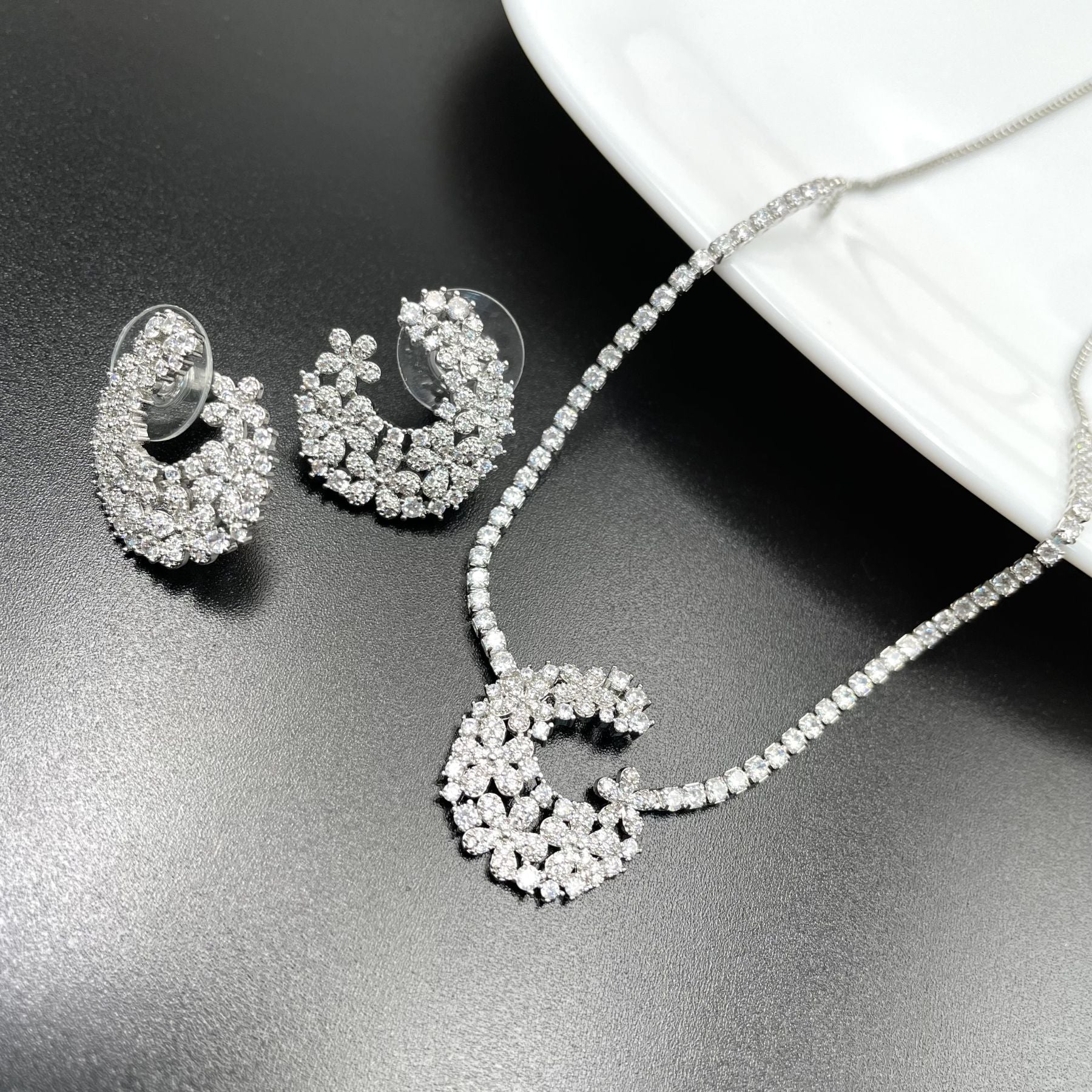 Flower Solitaire CZ Silver Anti Tarnish Necklace Earring Set Bulk Main image