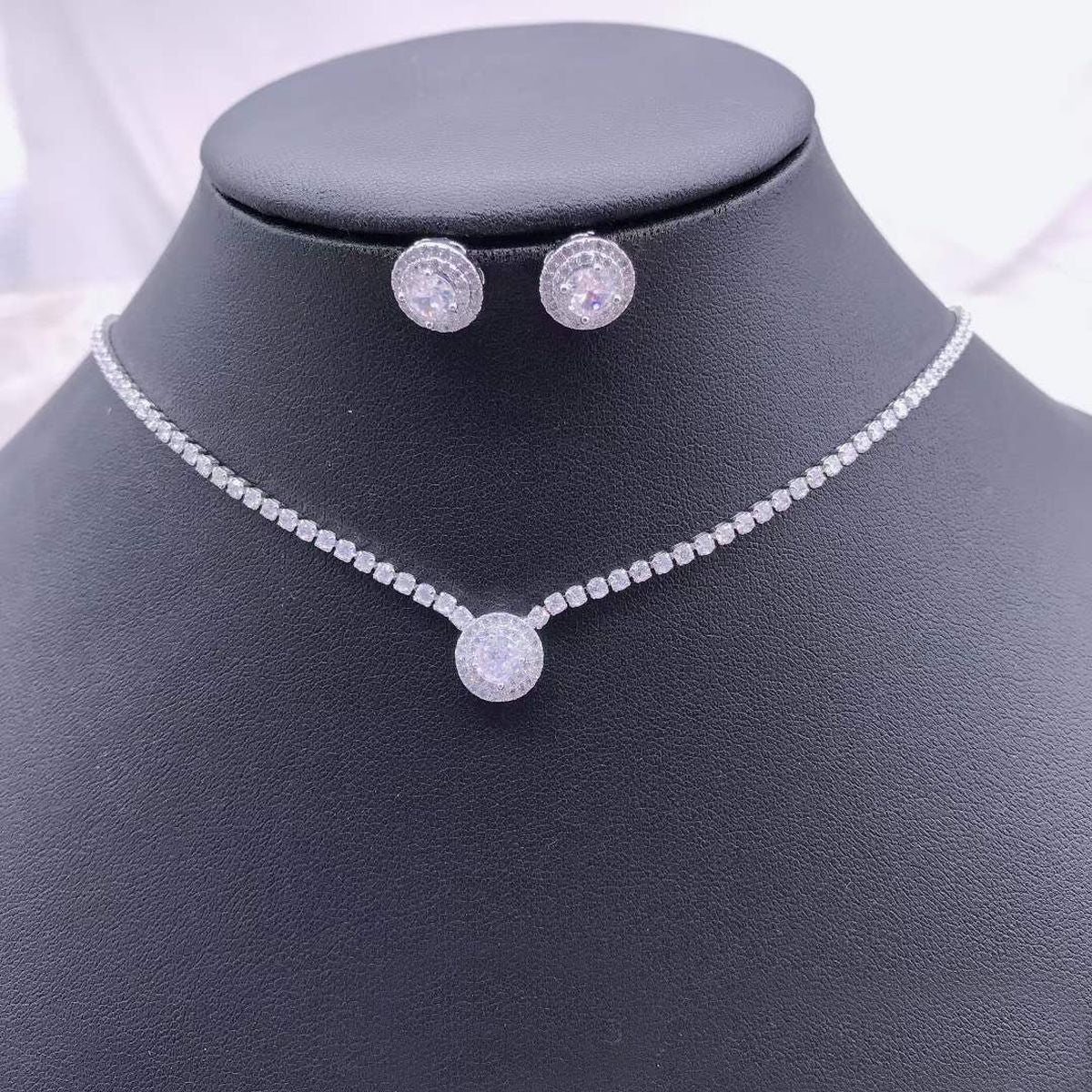 Round Solitaire CZ Silver Anti Tarnish Necklace Earring Set Bulk