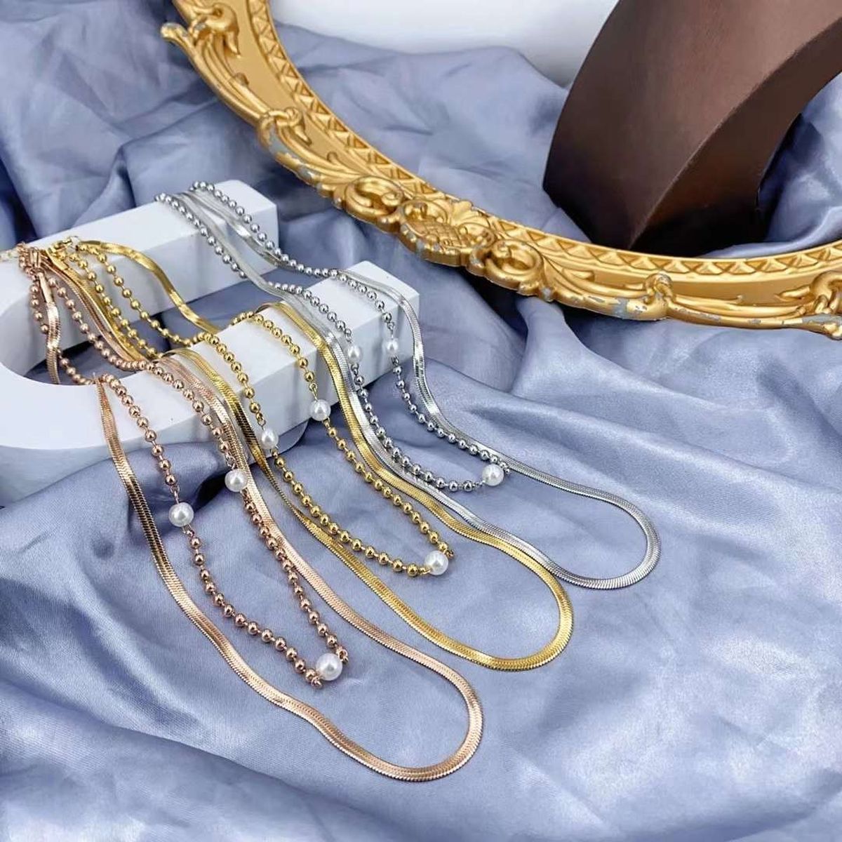 Dual Layer Ball Pearl Silver Anti Tarnish Stainless Steel Snake Chain Necklace For Women Main image