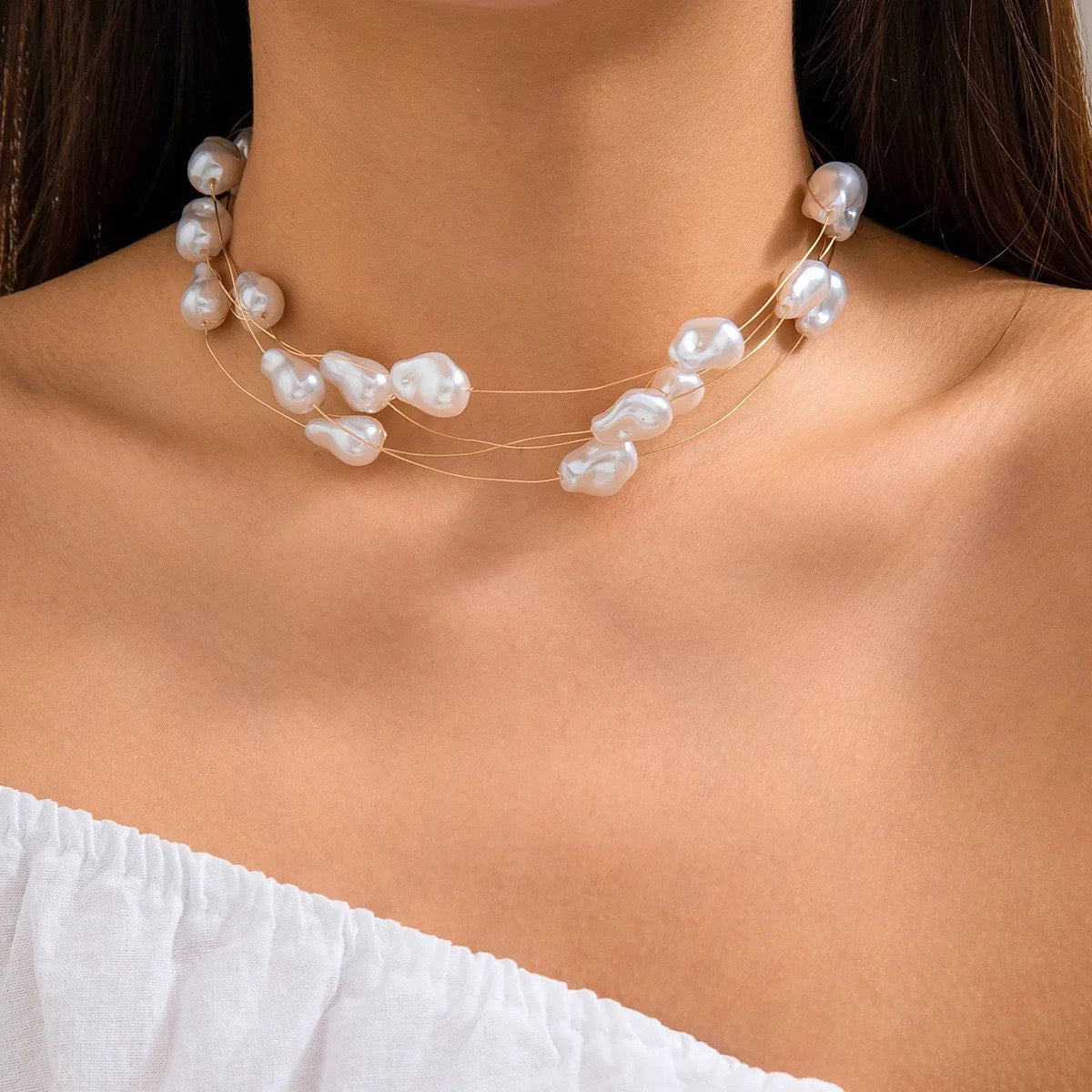 Sea White 18K Gold Anti Tarnish Pearl Layer Necklace For Women Bulk