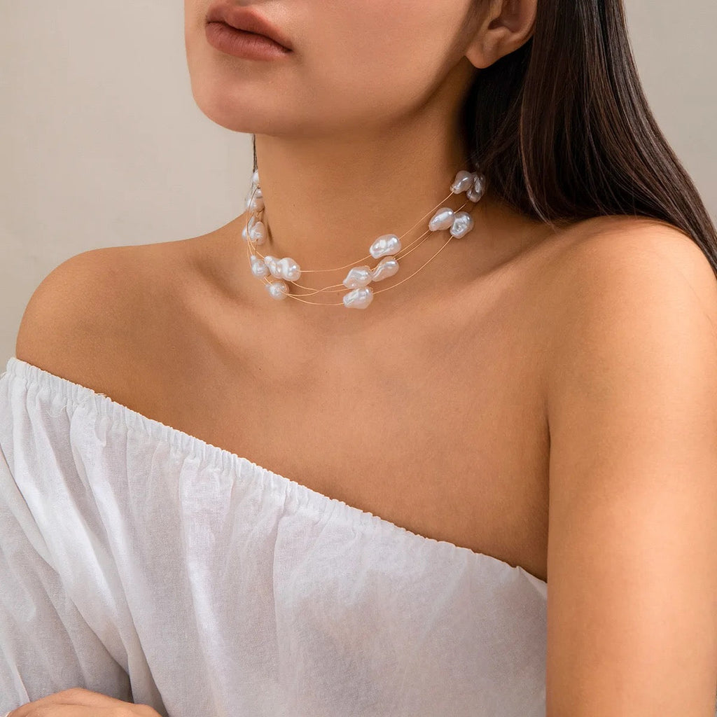 Sea White 18K Gold Anti Tarnish Pearl Layer Necklace For Women Bulk