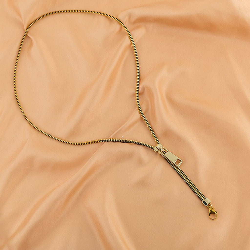 Long Black 18K Gold Anti Tarnish Zip Chain Necklace For Women Bulk