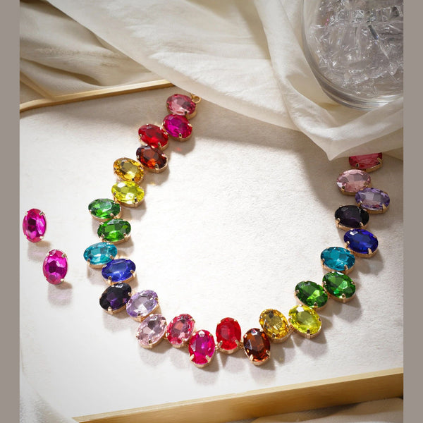 Rainbow Crystal Brass Multi 18K Gold Anti Tarnish Necklace Earring Set For Women Main image