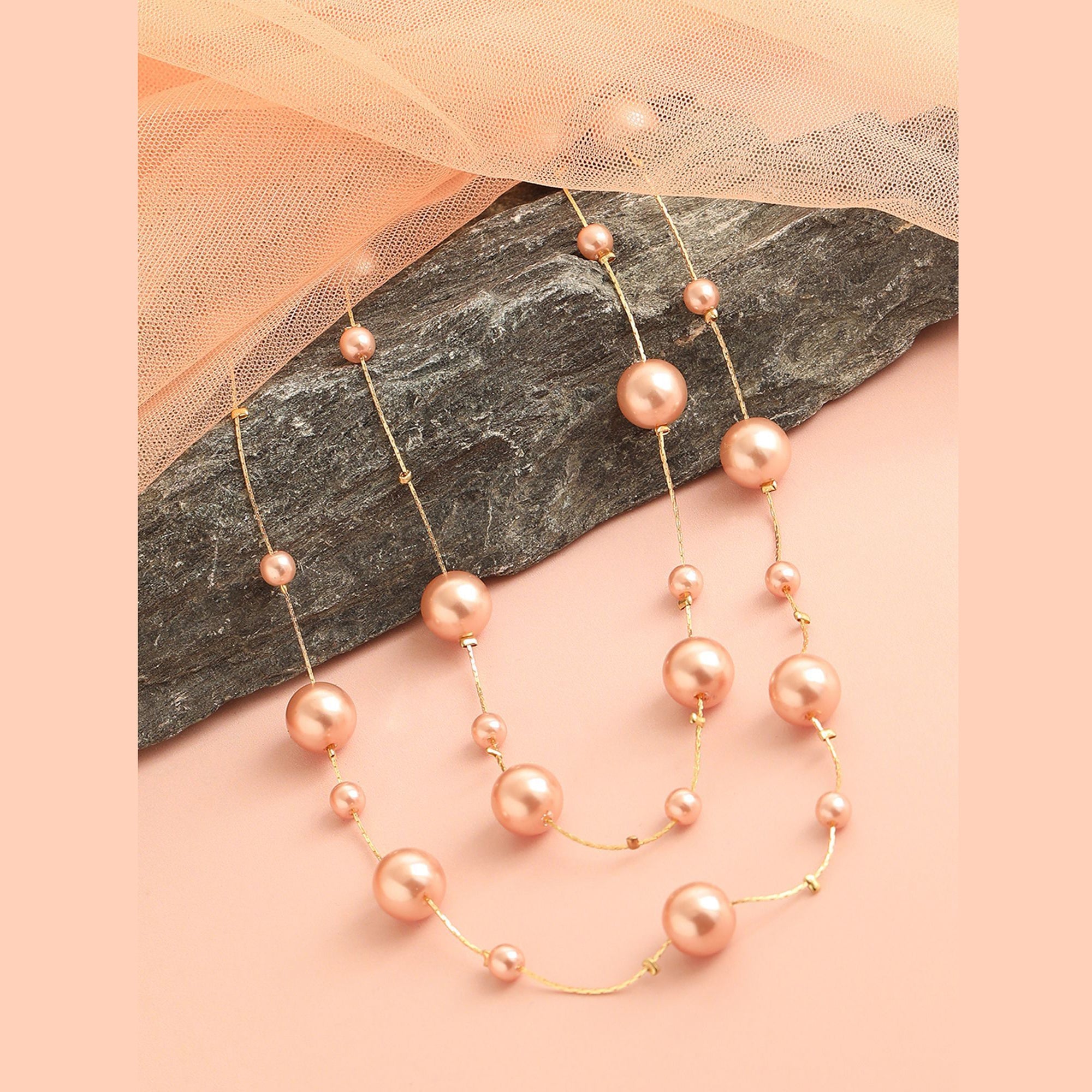 Layer Pearl Pink Rose Gold Anti Tarnish Long Necklace For Women Bulk