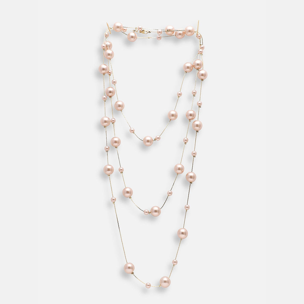 Layer Pearl Pink Rose Gold Anti Tarnish Long Necklace For Women Bulk