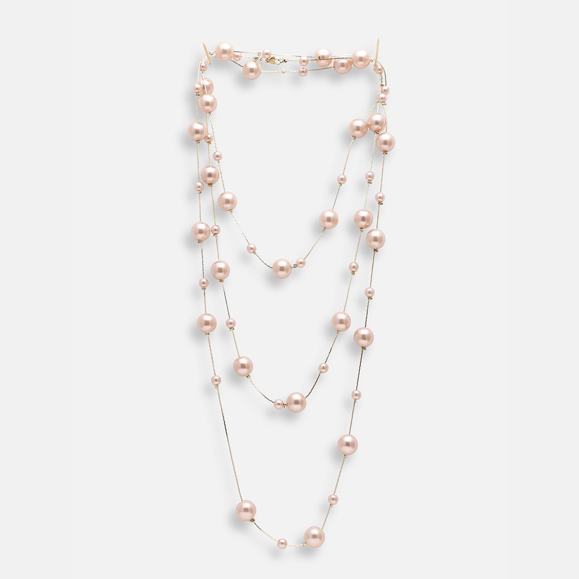 Layer Pearl Pink Rose Gold Anti Tarnish Long Necklace For Women Bulk