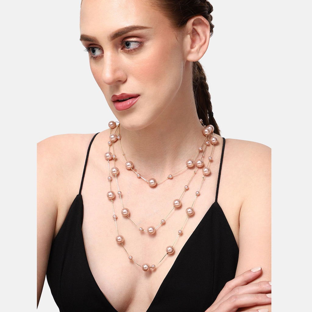 Layer Pearl Pink Rose Gold Anti Tarnish Long Necklace For Women Bulk