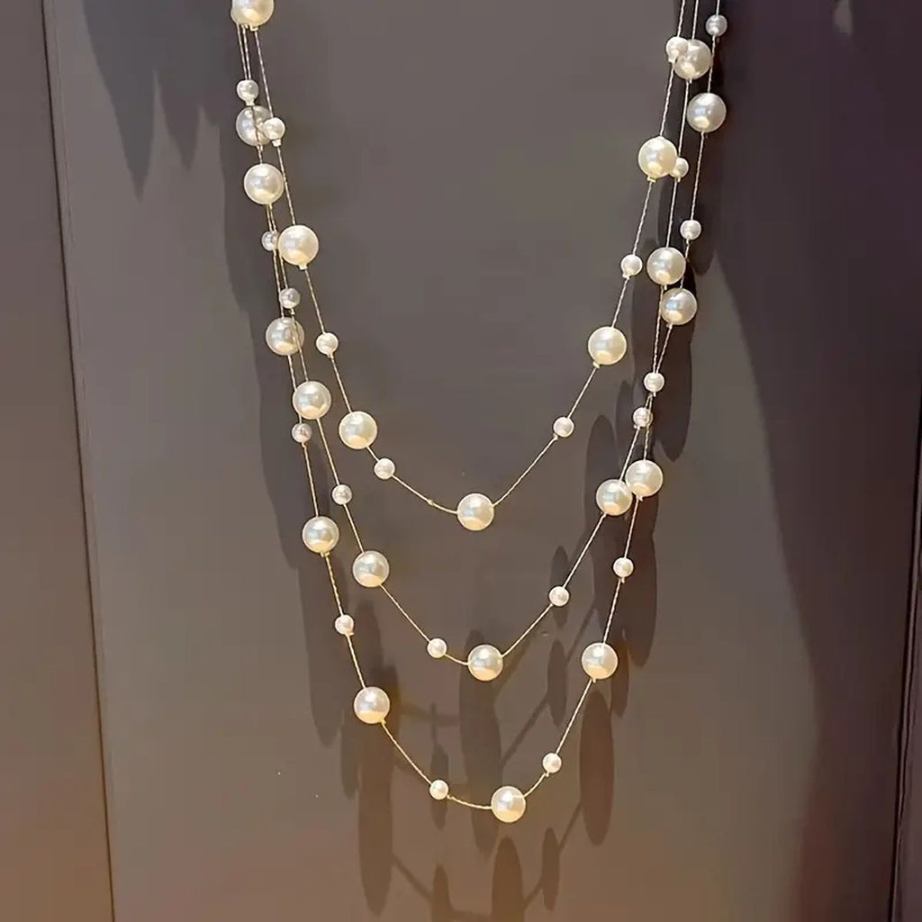 Layer Pearl Pink Rose Gold Anti Tarnish Long Necklace For Women Bulk
