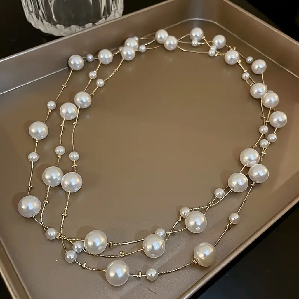 Layer Pearl Pink Rose Gold Anti Tarnish Long Necklace For Women Bulk