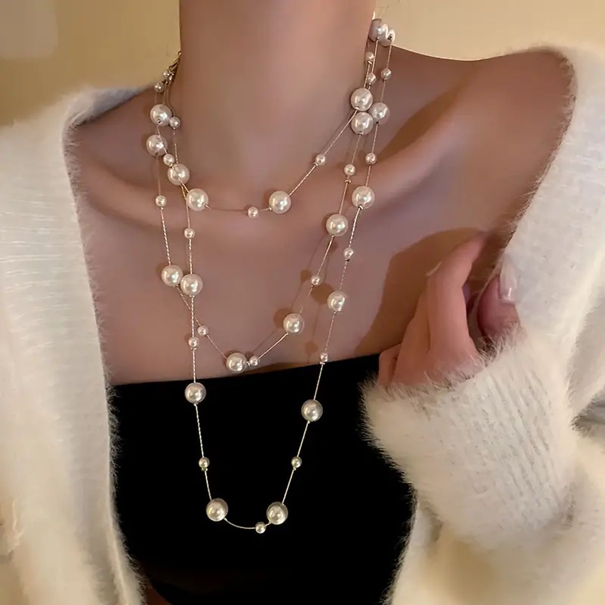 Layer Pearl Pink Rose Gold Anti Tarnish Long Necklace For Women Bulk