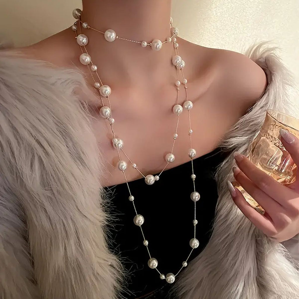 Layer Pearl Pink Rose Gold Anti Tarnish Long Necklace For Women Bulk