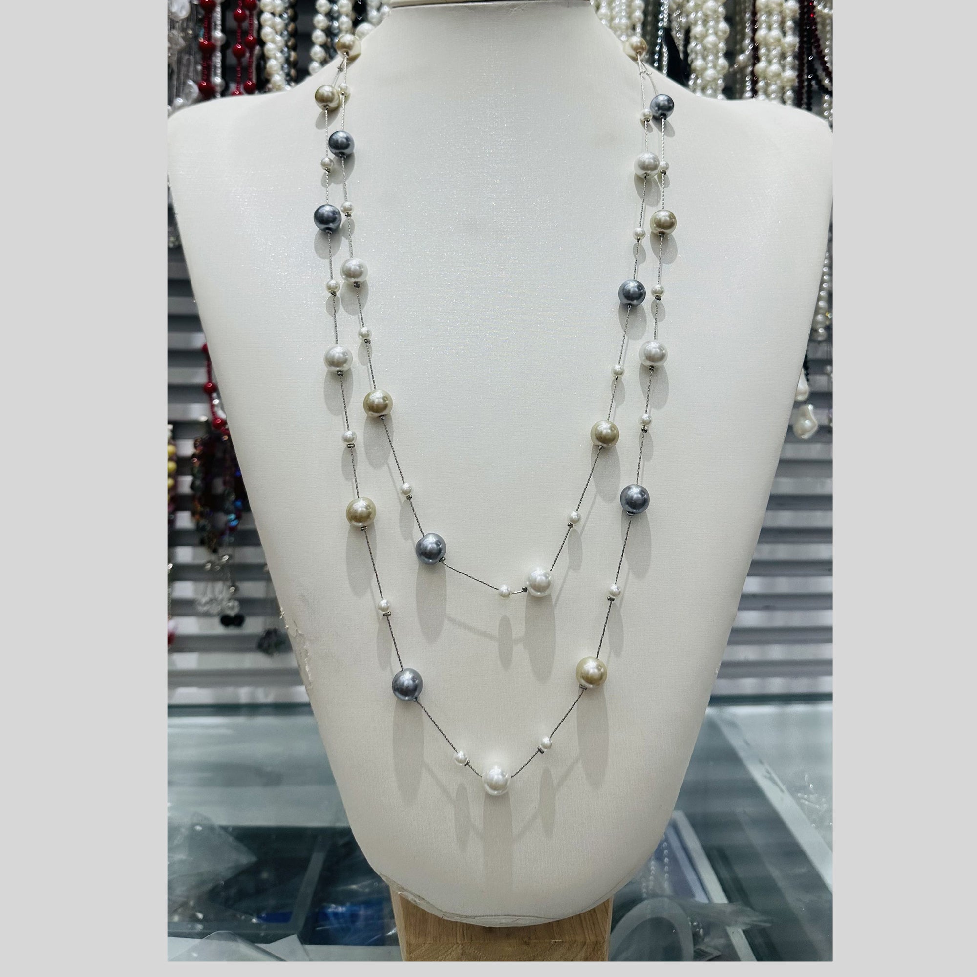 Dual Layer Pearl Multicolour Silver Anti Tarnish Long Necklace Bulk Main image