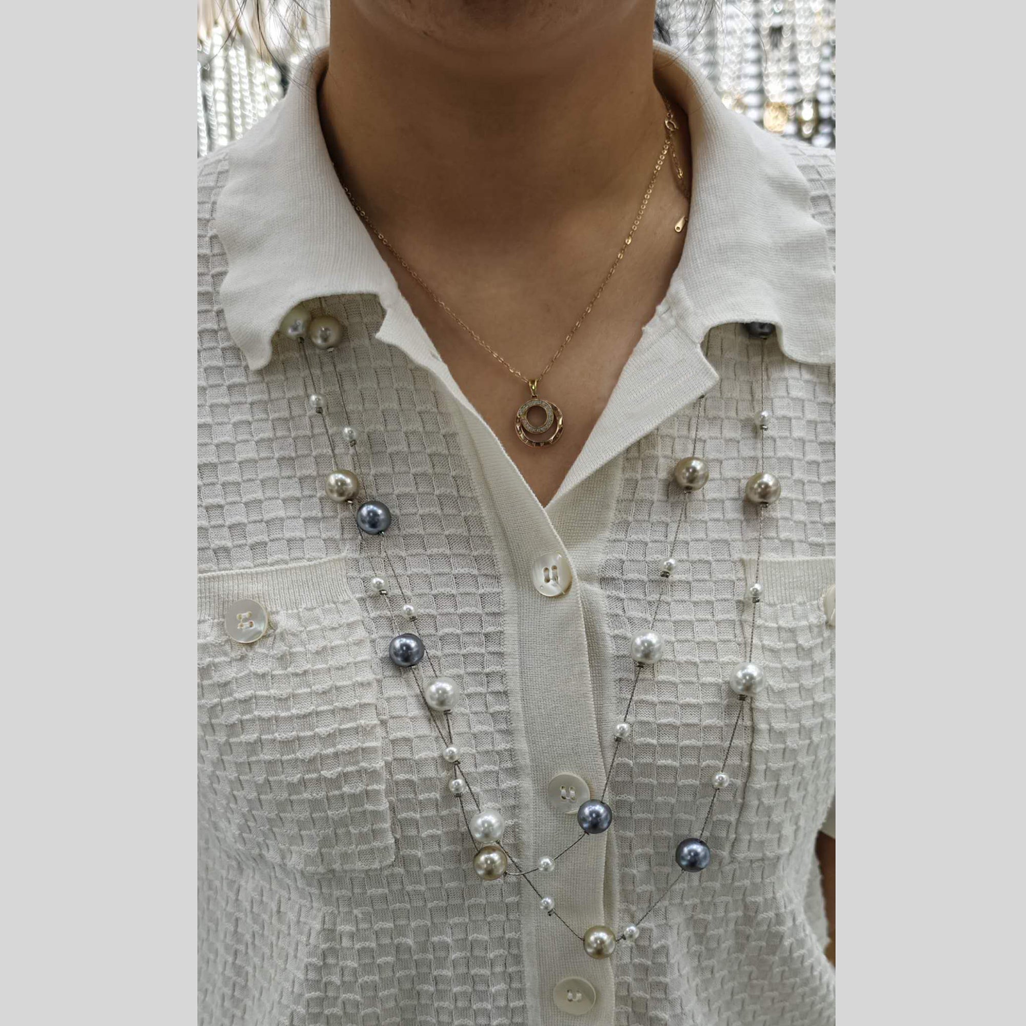 Dual Layer Pearl Multicolour Silver Anti Tarnish Long Necklace Bulk Secondary image
