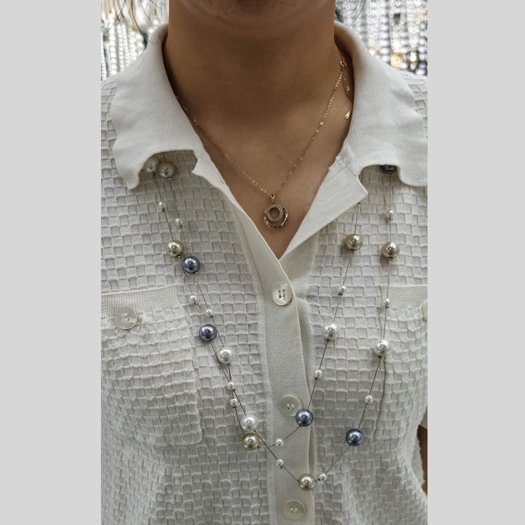 Dual Layer Pearl Multicolour Silver Anti Tarnish Long Necklace Bulk