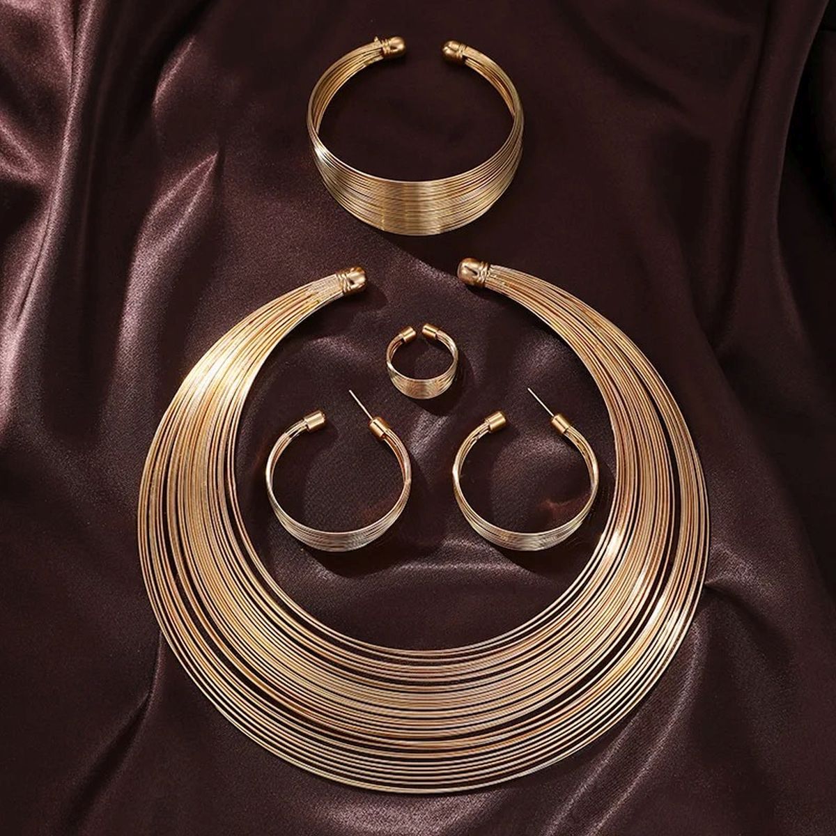 Layer 18K Gold Anti Tarnish Choker Hasli Necklace Earring Ring Cuff Bracelet Set For Women Main image
