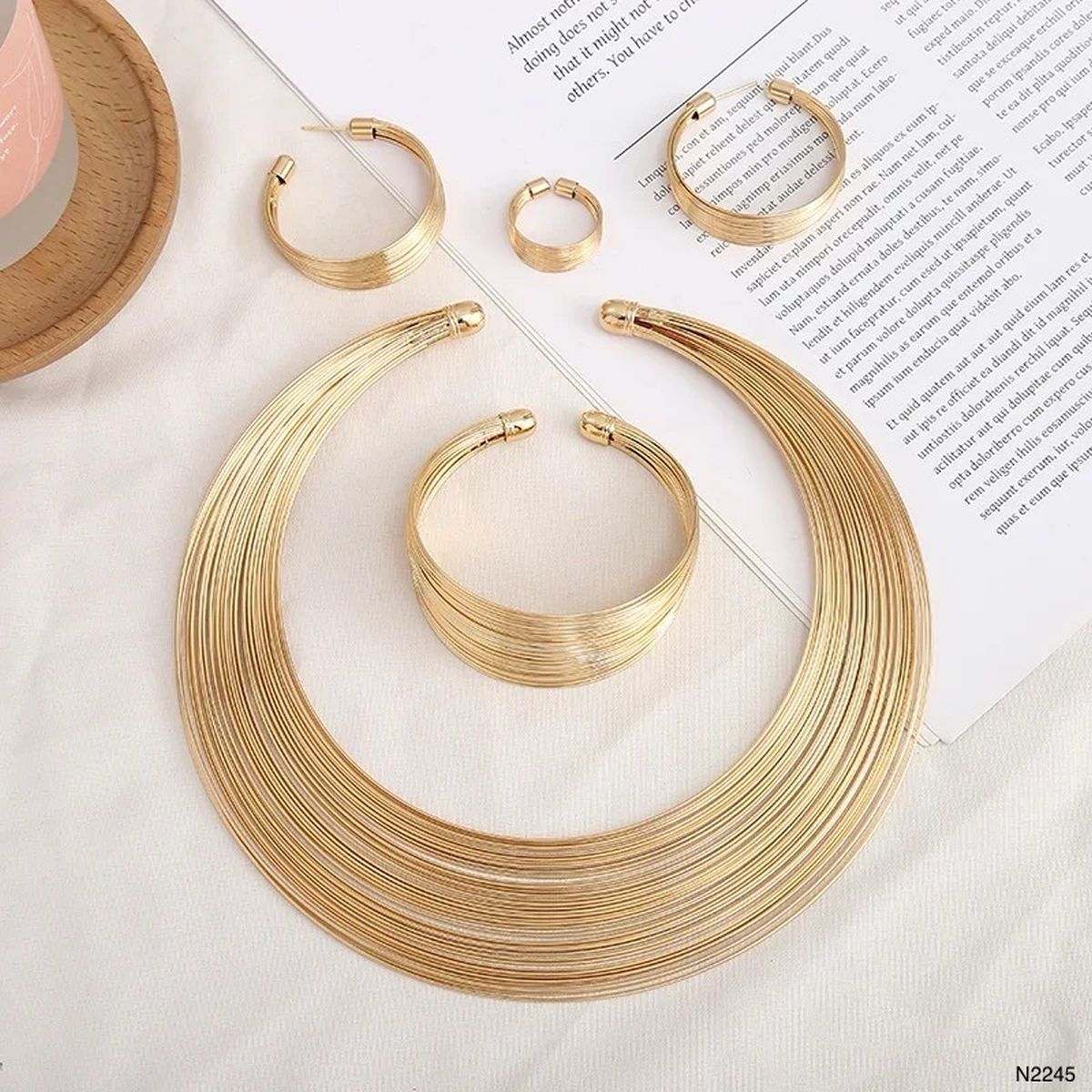Layer 18K Gold Anti Tarnish Choker Hasli Necklace Earring Ring Cuff Bracelet Set For Women Secondary image