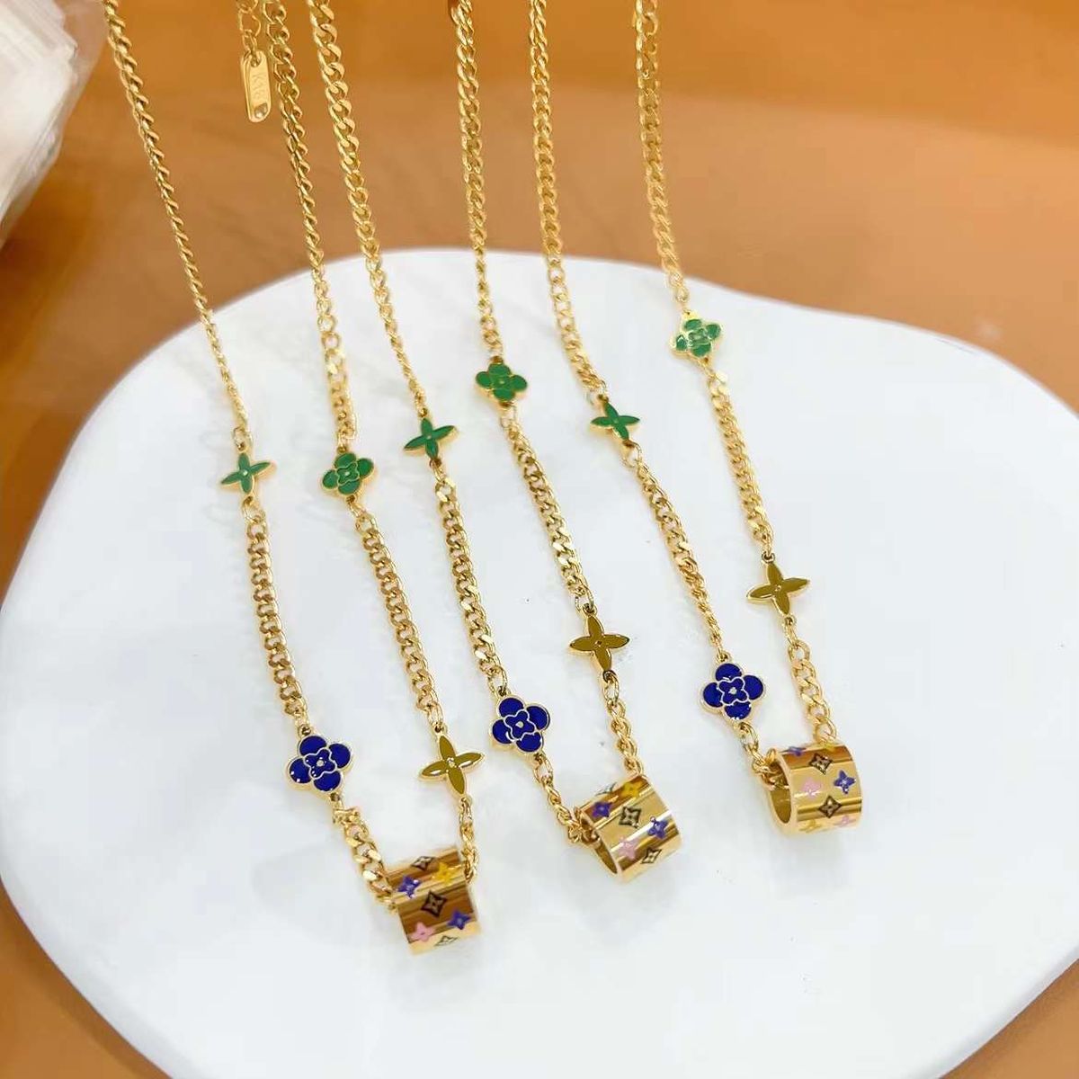 Clover Flower Stainless Steel Enamel Blue Green 18K Gold Anti Tarnish Necklace For Women Main image
