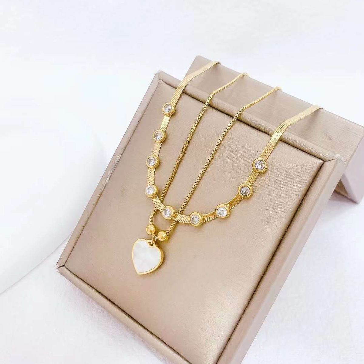 Heart White 18K Gold Cubic Zirconia Mother Of Pearl Stainless Steel layer Necklace For Women