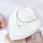 Heart White 18K Gold Cubic Zirconia Mother Of Pearl Stainless Steel layer Necklace For Women