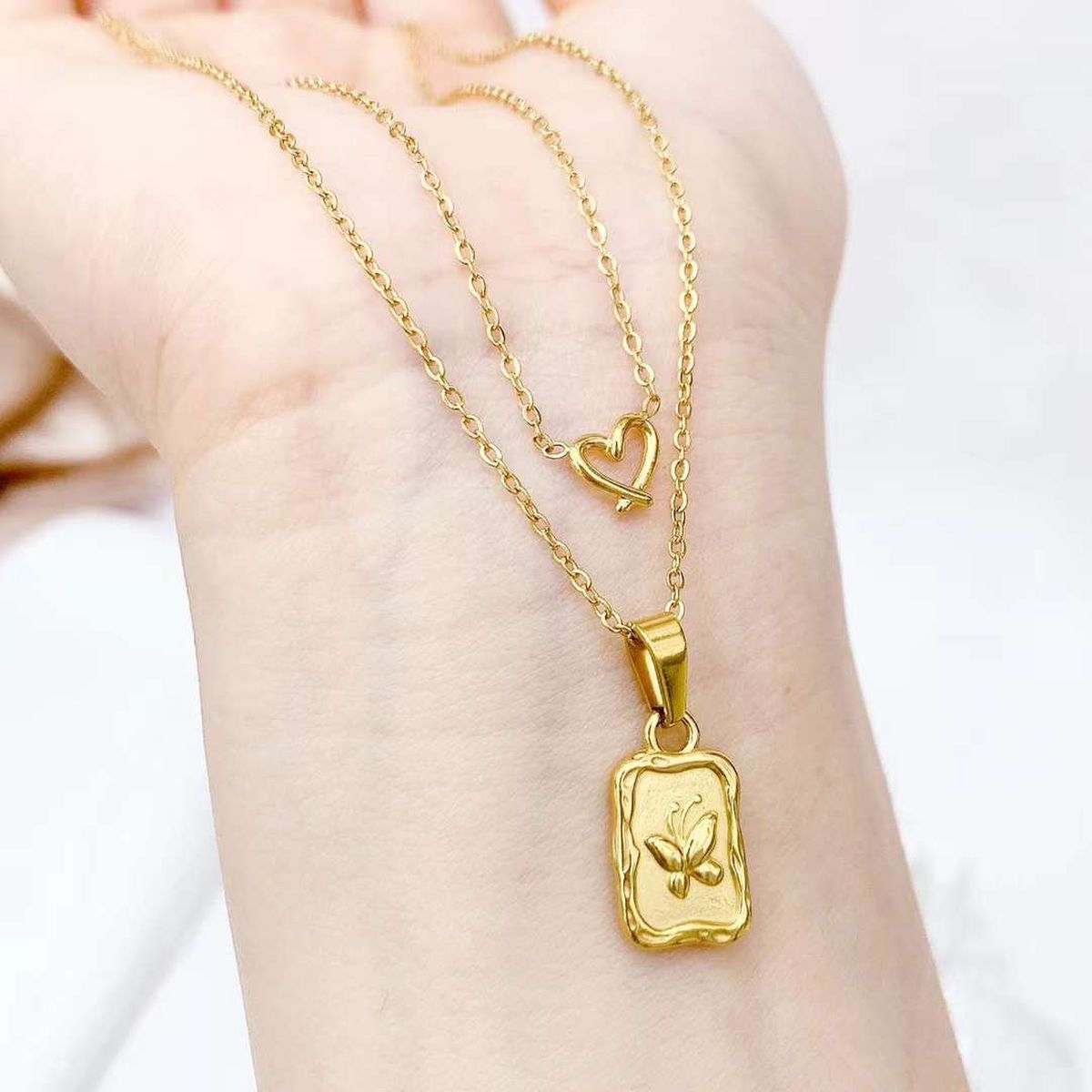 Heart Butterfly Gold Stainless Steel Layer Necklace Pendant Chain Bulk Main image