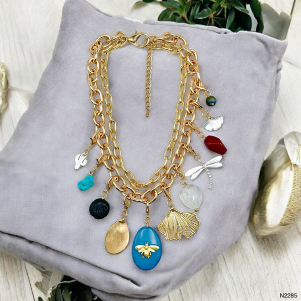 Multi 18K Gold CZ Beads Pearl Chain Layer Charm Necklace Bulk Main image