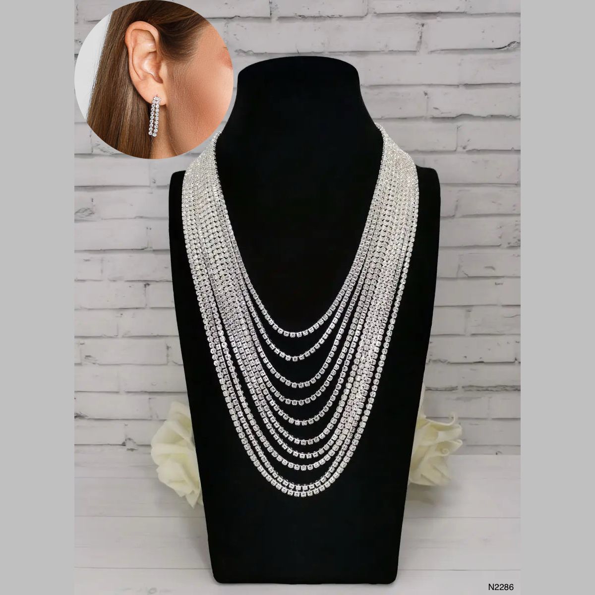 Layered Rhinestone Silver Anti Tarnish Necklace For Women Bulk