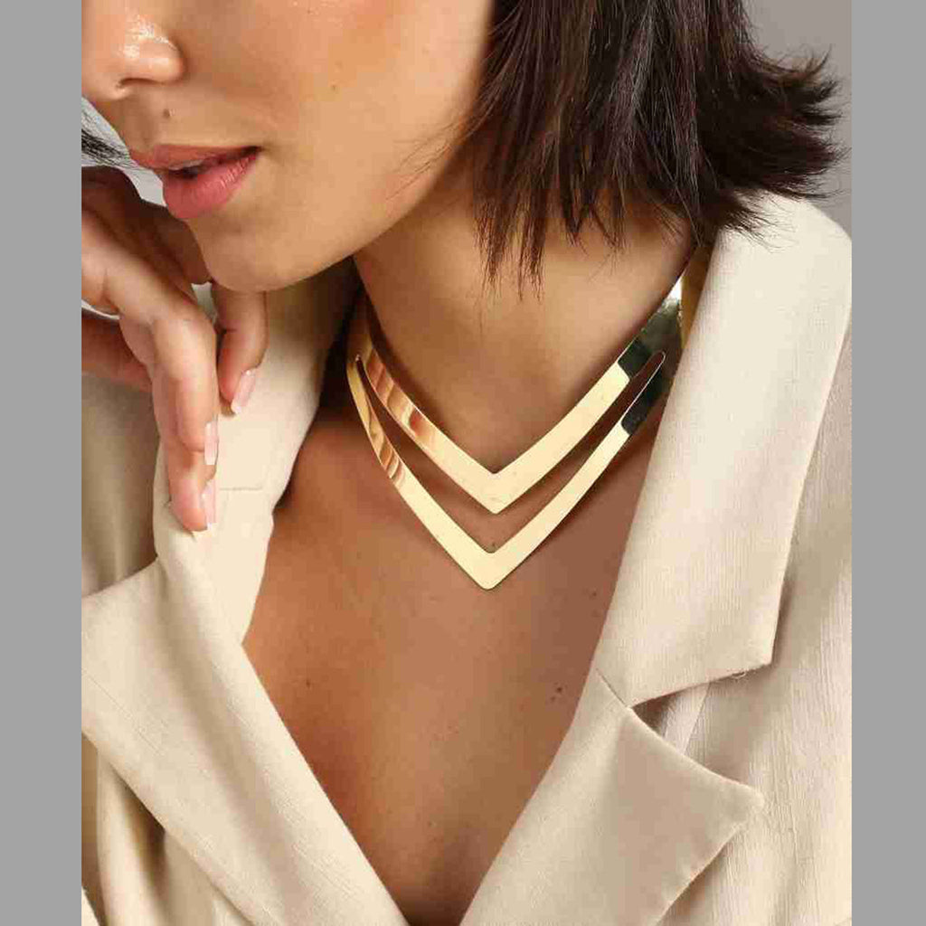 Dual V Shape Gold Stainless Steel Collar Choker Hasli Necklace Bulk