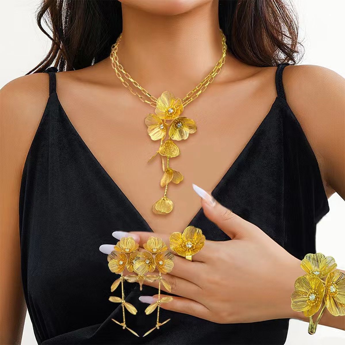 Light Weight Filigree Flower 18K Gold Cubic Zirconia Anti Tarnish Choker Necklace Earring Ring Cuff Bracelet Set For Women Main image