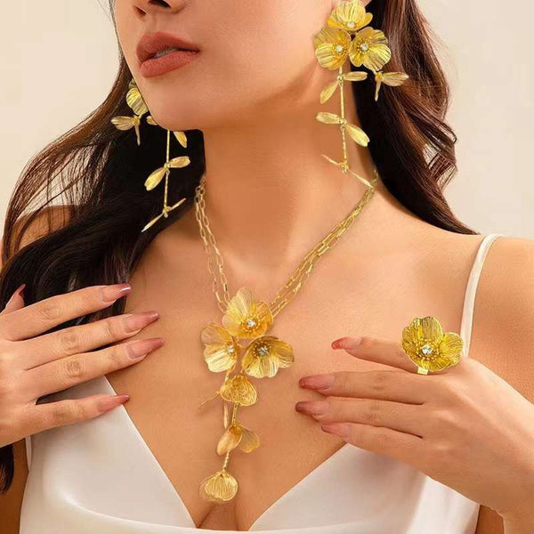 Light Weight Filigree Flower 18K Gold Cubic Zirconia Anti Tarnish Choker Necklace Earring Ring Cuff Bracelet Set For Women Secondary image