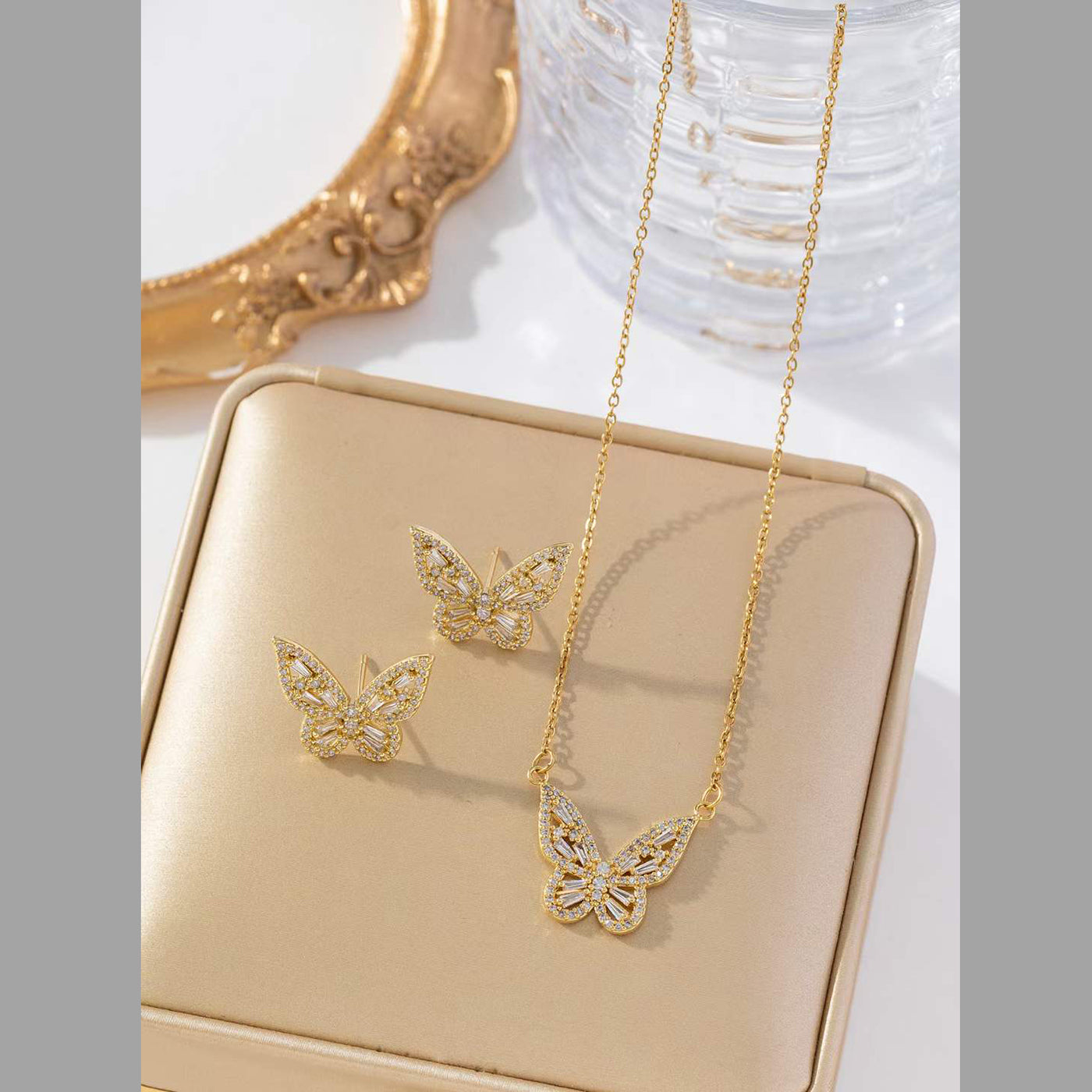 Baguette Butterfly Gold CZ Anti Tarnish Pendant Chain Earring Set Bulk