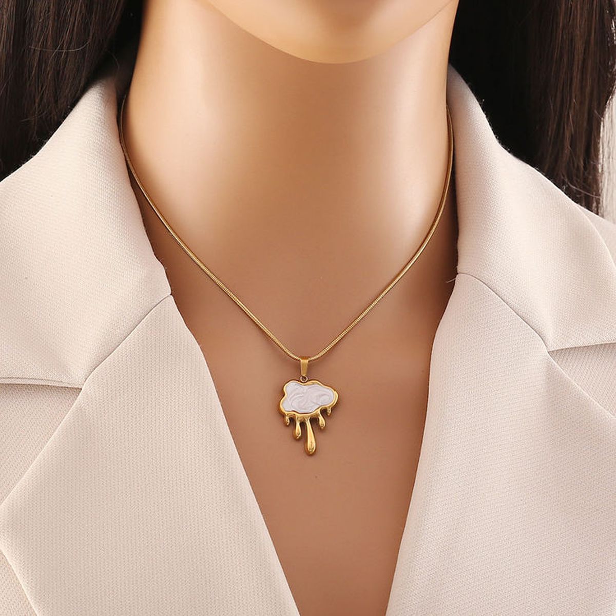 Cloud Mother Of Pearl White 18K Gold Stainless Steel Anti Tarnish Snake Chain Pendant Earring Set For Women Secondary image