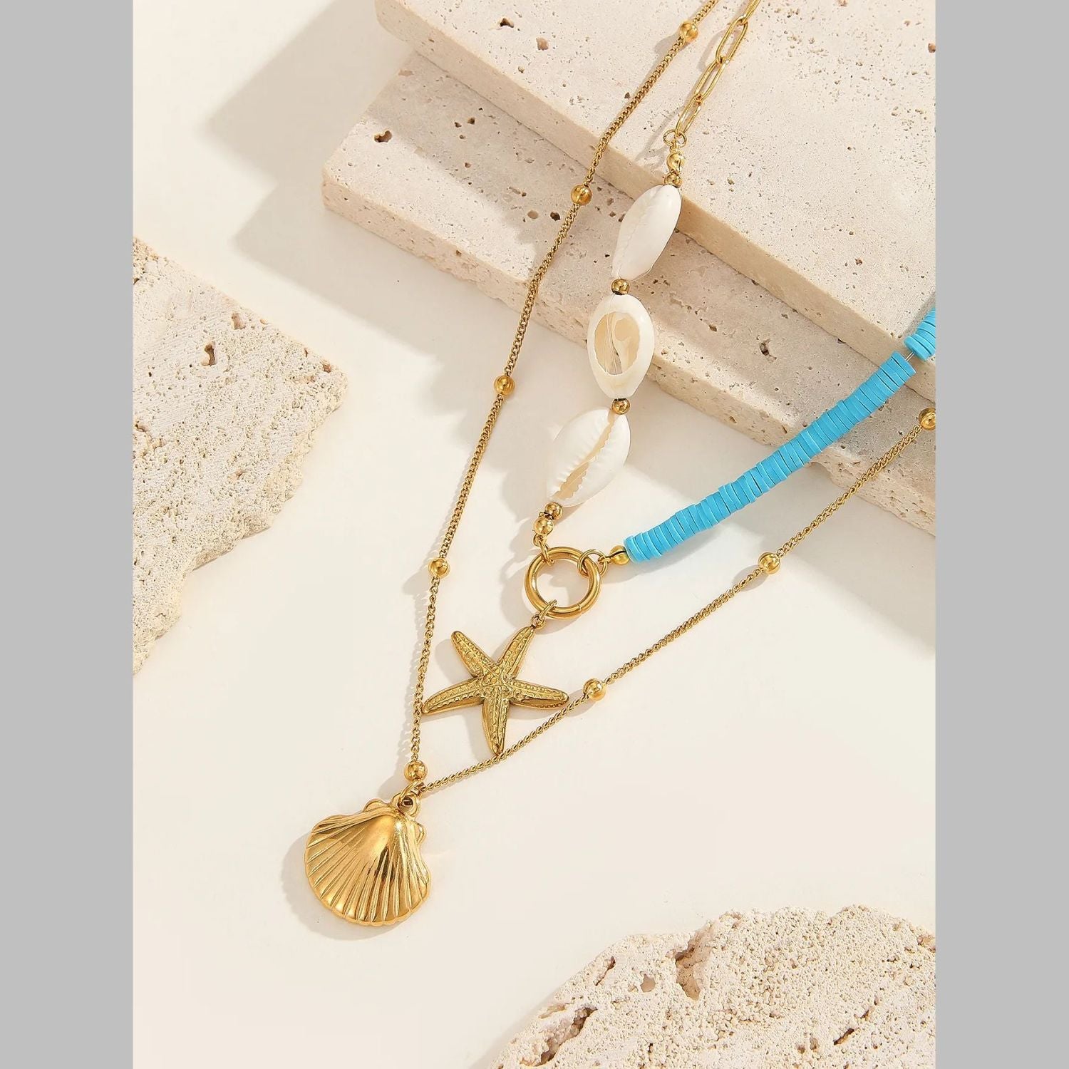 Star Fish Shell Beads Blue 18K Gold Stainless Steel Anti Tarnish Necklace For Women