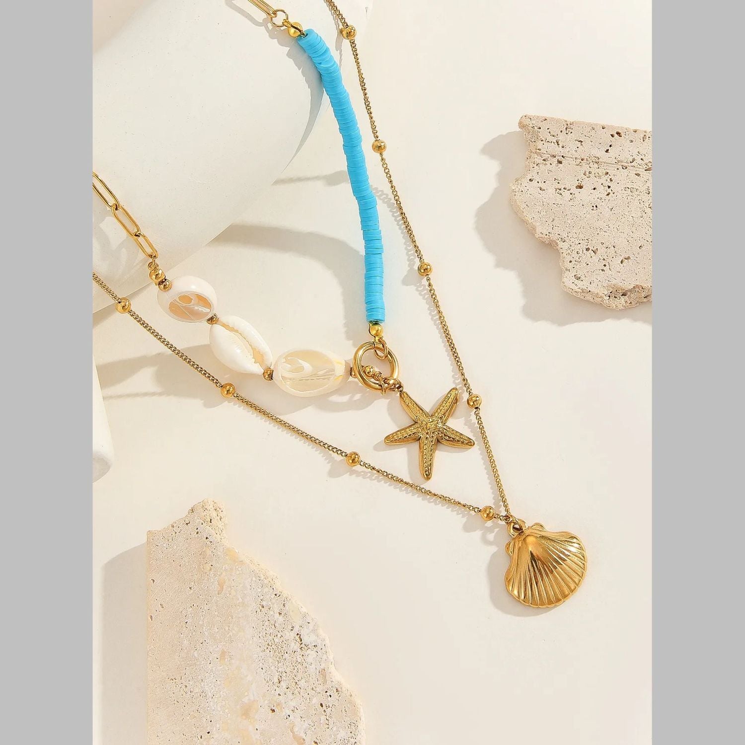Star Fish Shell Beads Blue 18K Gold Stainless Steel Anti Tarnish Necklace For Women Main image