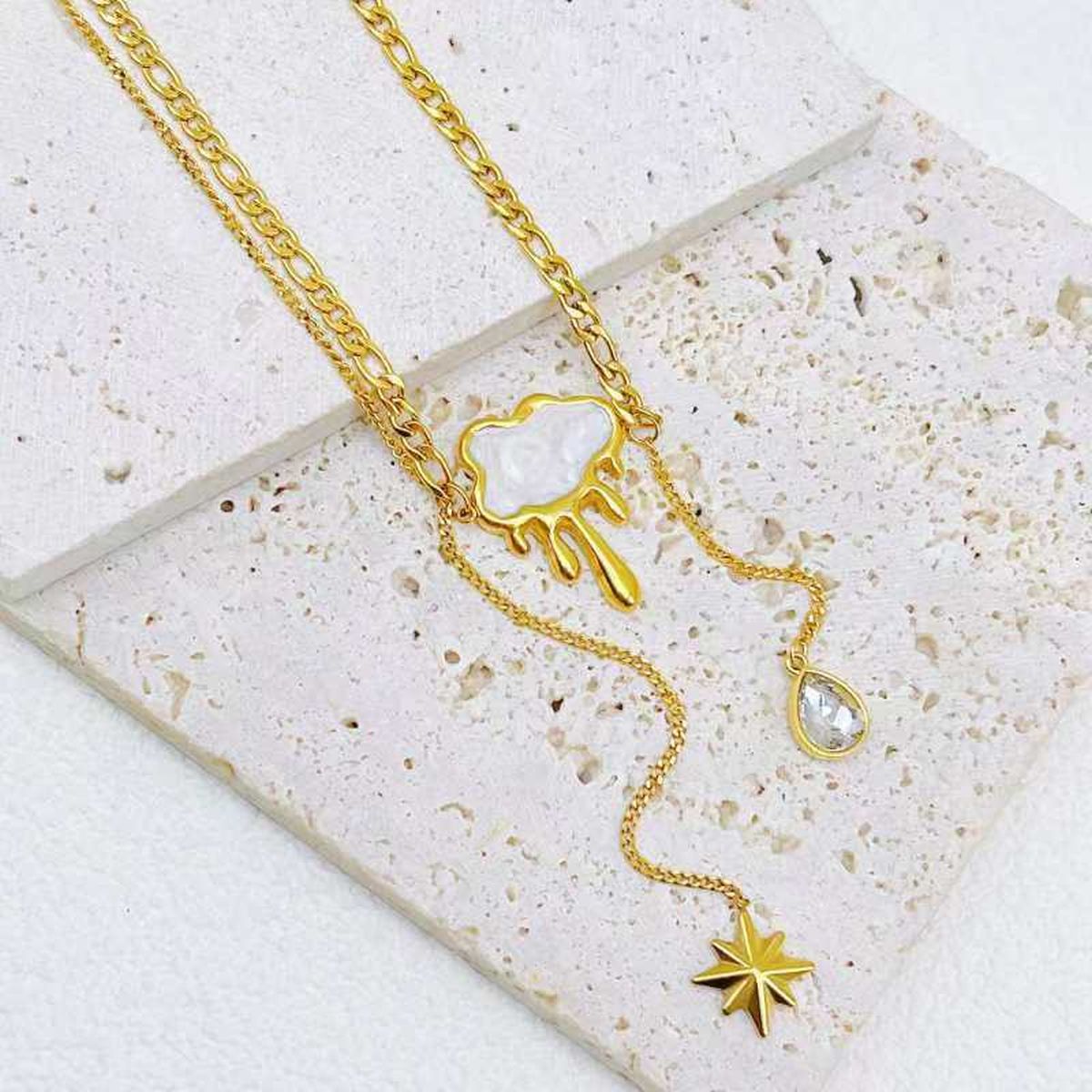 Cloud Star Cubic Zirconia Mother Of Pearl 18K Gold Stainless Steel Anti Tarnish Link Chain Necklace For Women Main image