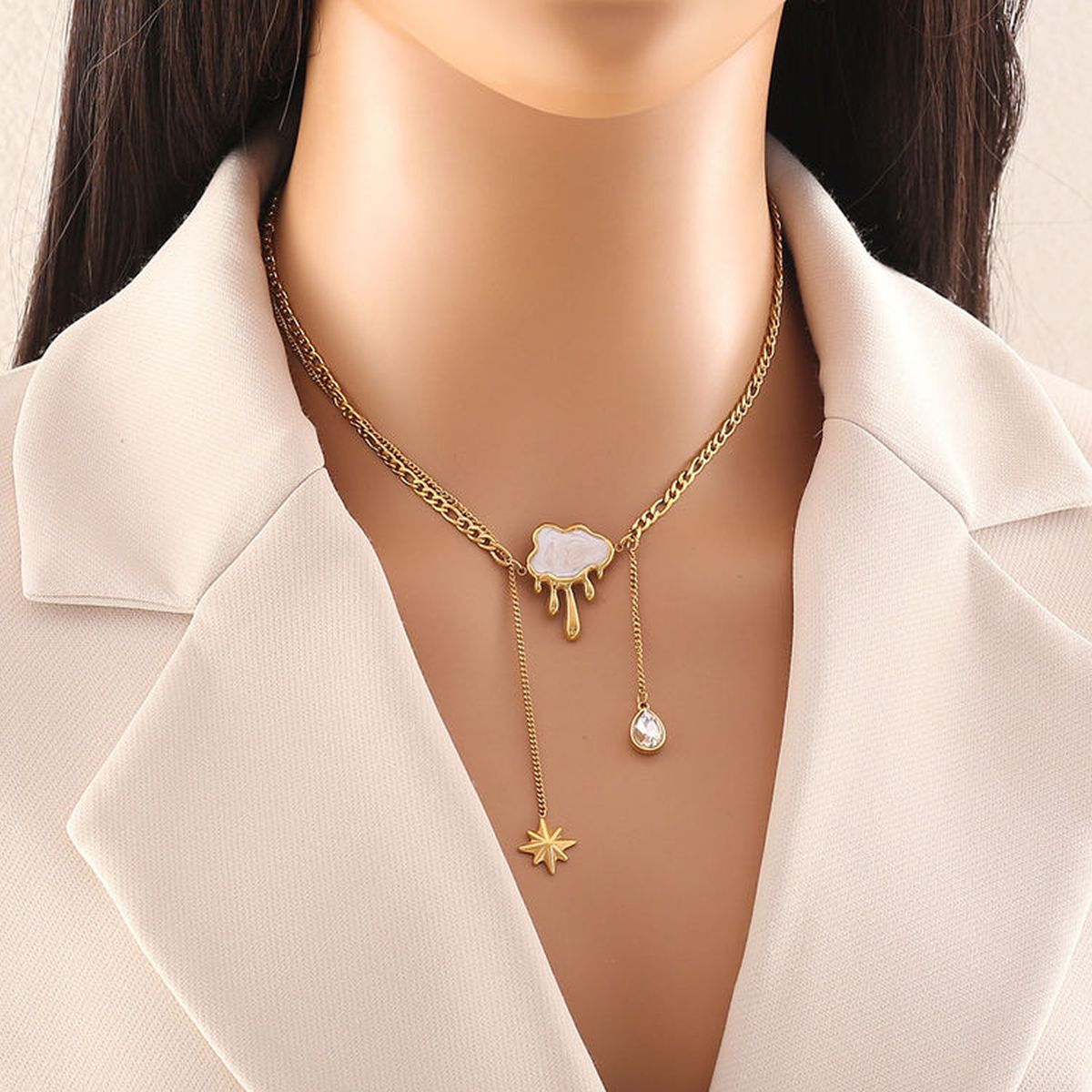 Cloud Star Cubic Zirconia Mother Of Pearl 18K Gold Stainless Steel Anti Tarnish Link Chain Necklace For Women Secondary image