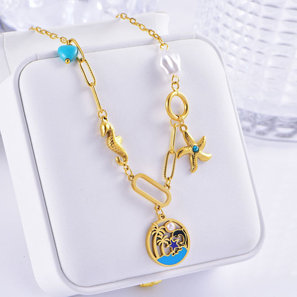 Palm Tree Star Fish Pearl Enamel Green 18K Gold Stainless Steel Anti Tarnish Charm Necklace For Women Main image