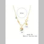 Palm Tree Star Fish Pearl Enamel Green 18K Gold Stainless Steel Anti Tarnish Charm Necklace For Women