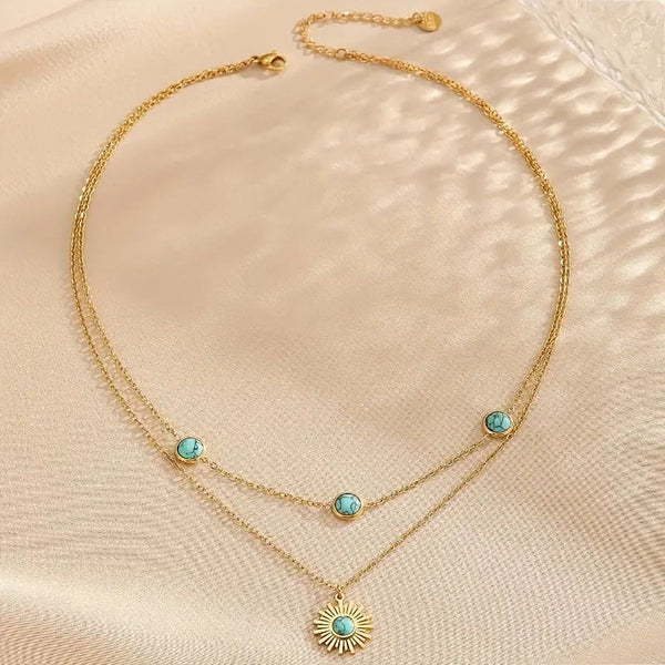 Sun Turquoise Beads Green 18K Gold Stainless Steel Anti Tarnish Dual Layer Link Chain Necklace For Women Main image