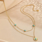 Sun Turquoise Beads Green 18K Gold Stainless Steel Anti Tarnish Dual Layer Link Chain Necklace For Women