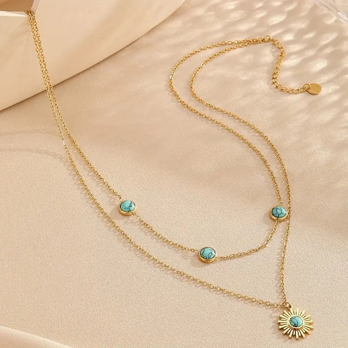Sun Turquoise Beads Green 18K Gold Stainless Steel Anti Tarnish Dual Layer Link Chain Necklace For Women