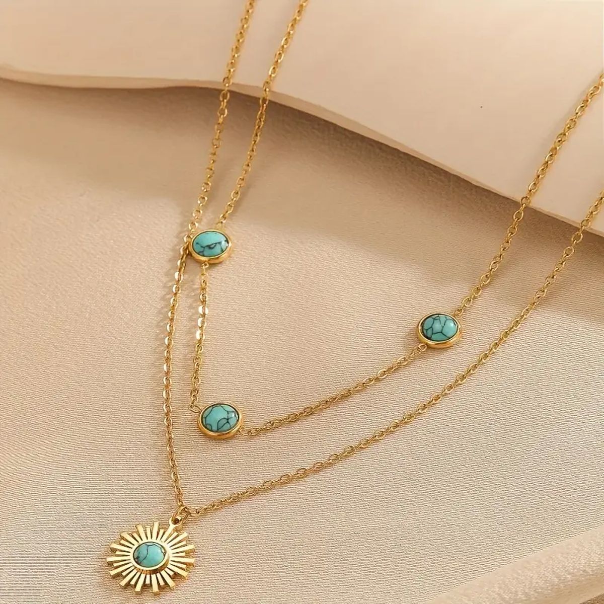 Sun Turquoise Beads Green 18K Gold Stainless Steel Anti Tarnish Dual Layer Link Chain Necklace For Women Secondary image