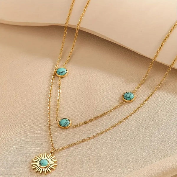 Sun Turquoise Beads Green 18K Gold Stainless Steel Anti Tarnish Dual Layer Link Chain Necklace For Women Secondary image
