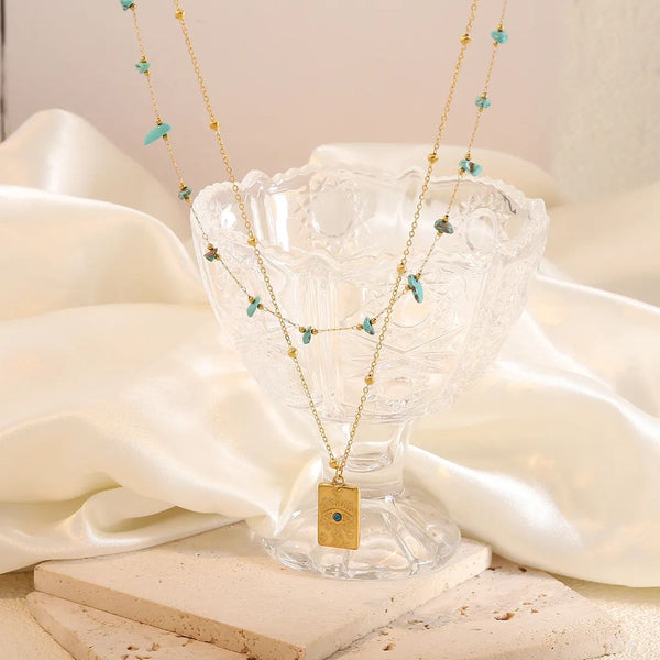 Beach Evil Eye Turquoise Beads Green 18K Gold Stainless Steel Anti Tarnish Dual Layer Necklace For Women Main image