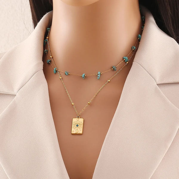 Beach Evil Eye Turquoise Beads Green 18K Gold Stainless Steel Anti Tarnish Dual Layer Necklace For Women Secondary image