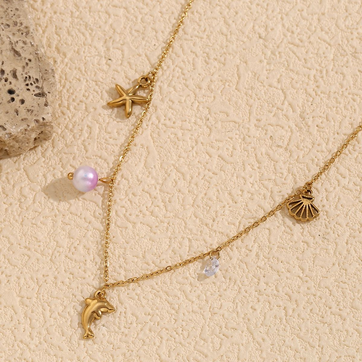 Beach Star Dolphin Fish Cubic Zirconia Pearl White 18K Gold Stainless Steel Anti Tarnish Link Chain Charm Necklace For Women Main image